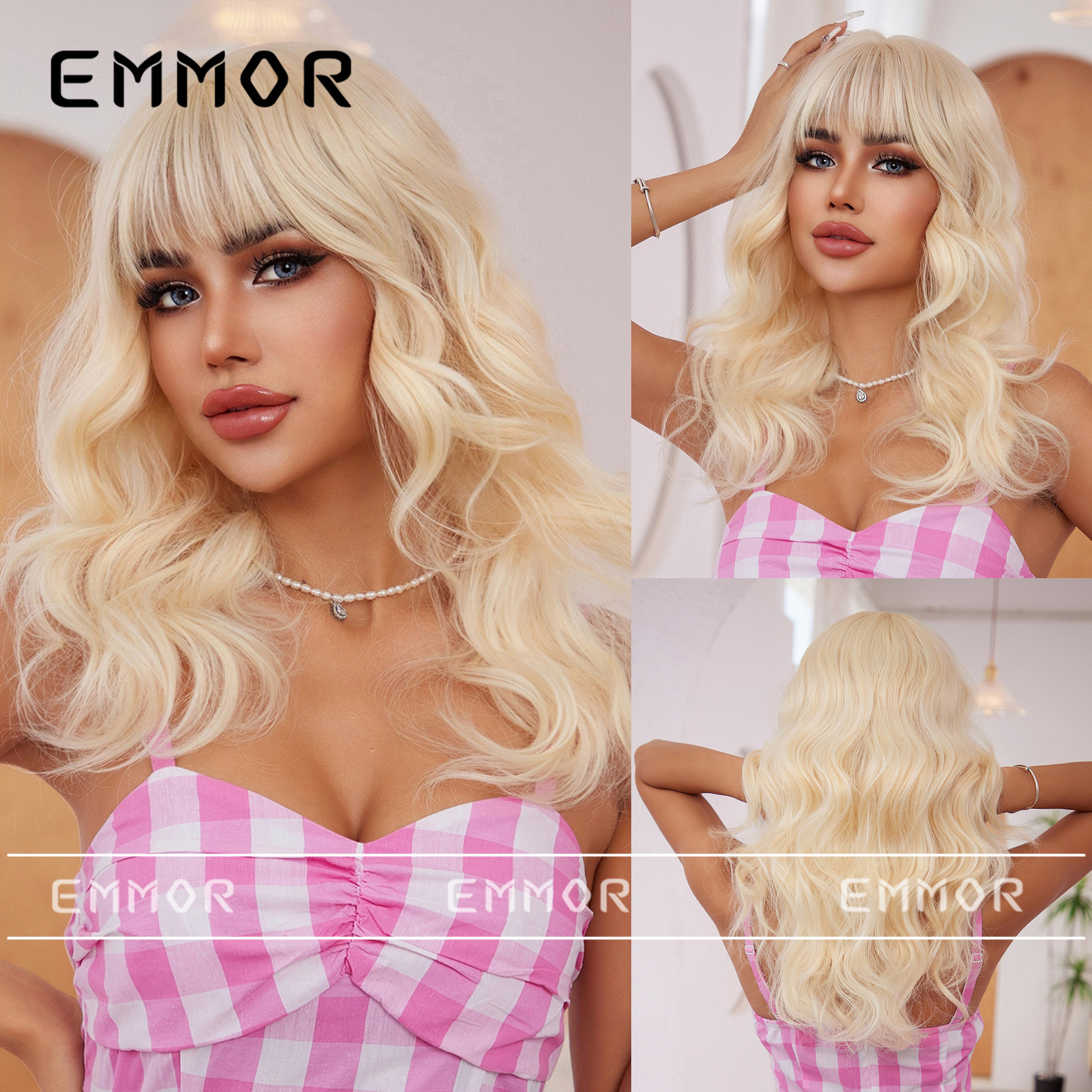 Peluca femenina flequillo recto largo pelo rizado rollo de onda Lolita reducción de la edad Fashion Net rojo cos anime blanco cremoso sombrerería