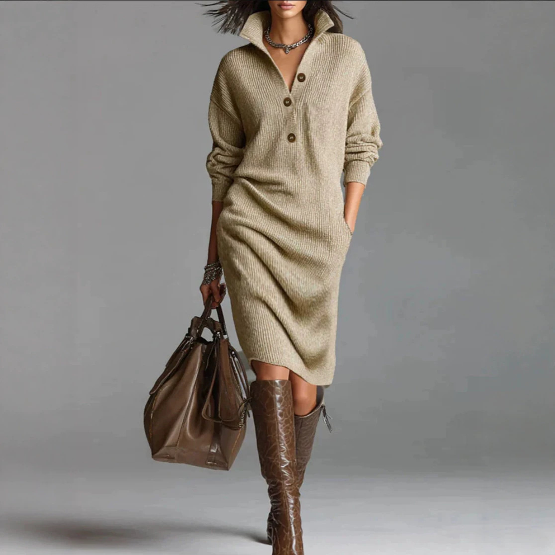 New cross-border European and American women's clothing: loose-fitting sweater knit dress, elegant pullover knit midi dress