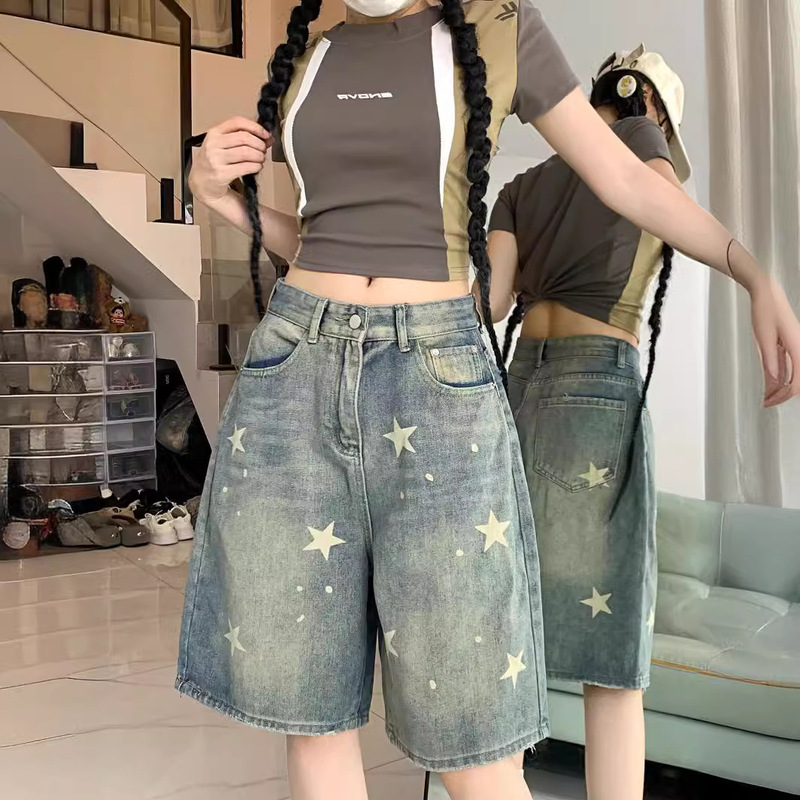 Real shot! Vintage Washed Old Star Denim Shorts Women's Street Straight Loose Slimming Wide Leg Pants