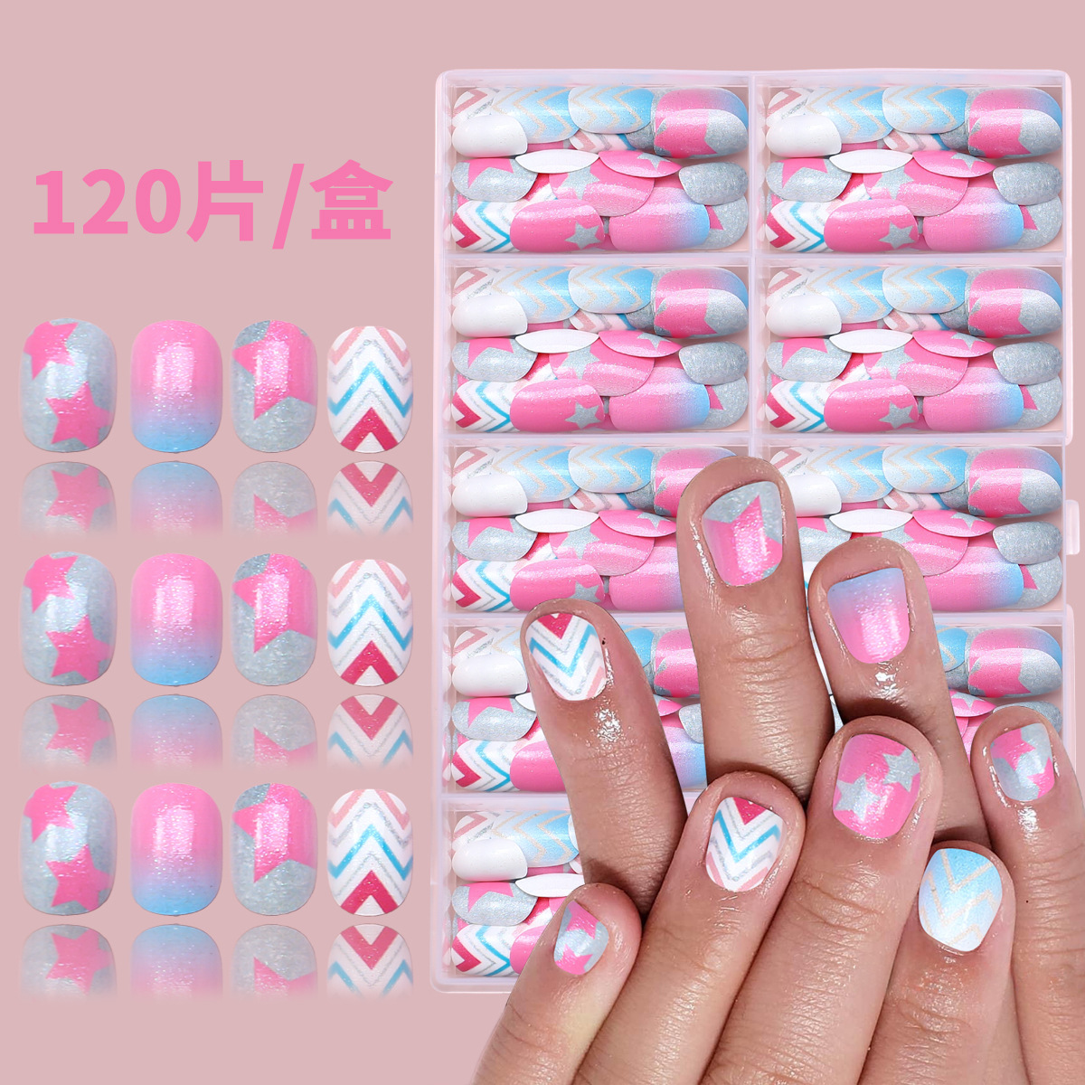 Nuevo niño impresión UV desgaste de uñas 120 piezas de caja de uñas falsas lindas dibujos animados mezclados parches de uñas