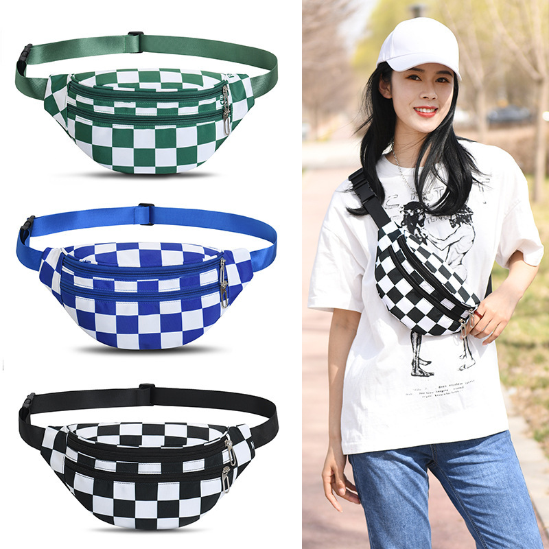 Checkerboard Black and White Plaid Women's Waist Bag New Fashion Crossbody Small Bag Canvas Chest Bag Double Zipper Cross-Border Trendy Bag Checkerboard Black and White Plaid Women's Waist Bag New Fashion Crossbody Small Bag Canvas Chest Bag Double Zipper Cross-Border Trendy Bag