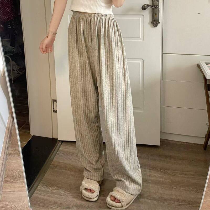 Autumn and Winter Women's Long Cashmere Ribbed Loose Straight-Leg Casual Pants, Suitable for Outdoor Wear, Walking Pants, Student Loungewear