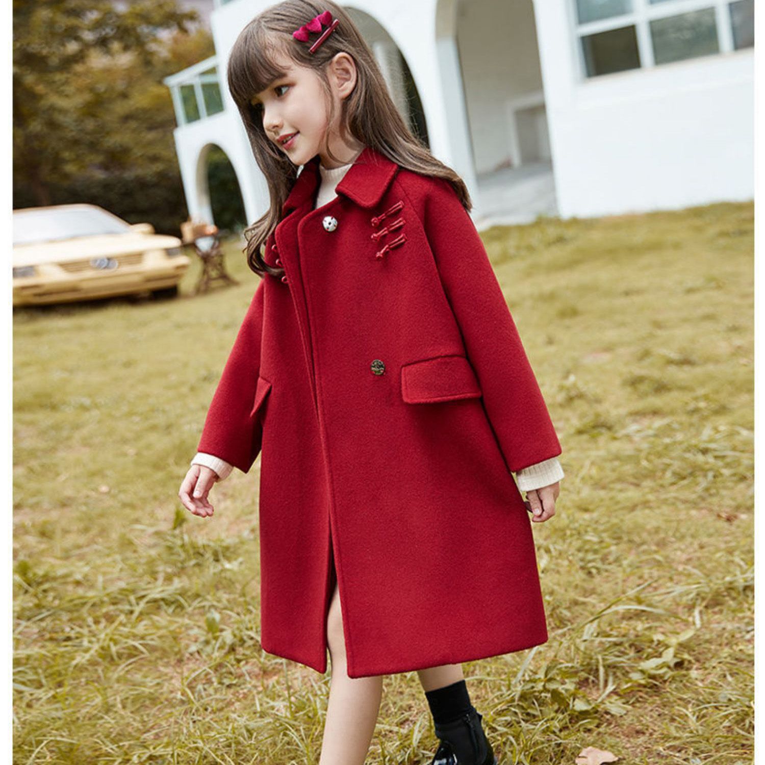 Girls' woolen coat for autumn and winter, stylish new Chinese-style New Year red mid-length children's woolen coat, thickened for winter