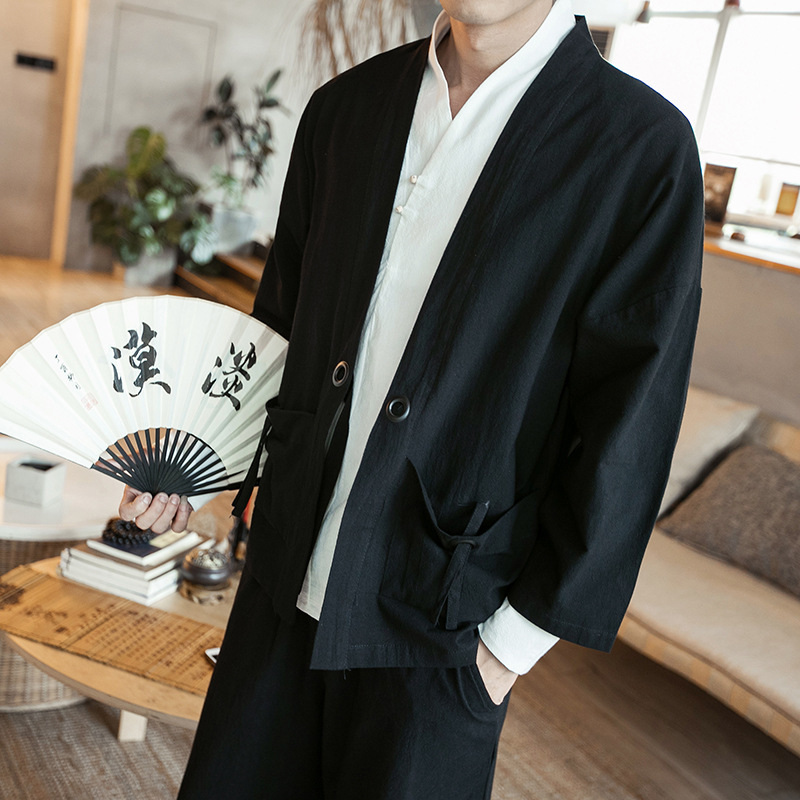 Chaqueta de punto con hebilla de disco retro Hanfu de estilo chino para hombres de estilo antiguo Chaqueta suelta de manga tres cuartos de gran tamaño