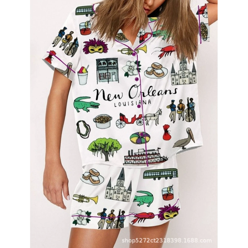 Летний комплект пижамы с европейским и американским принтом, повседневный домашний стиль, 2025 год, трансграничная торговля, лацканы, PODyjqd, запуск в один клик