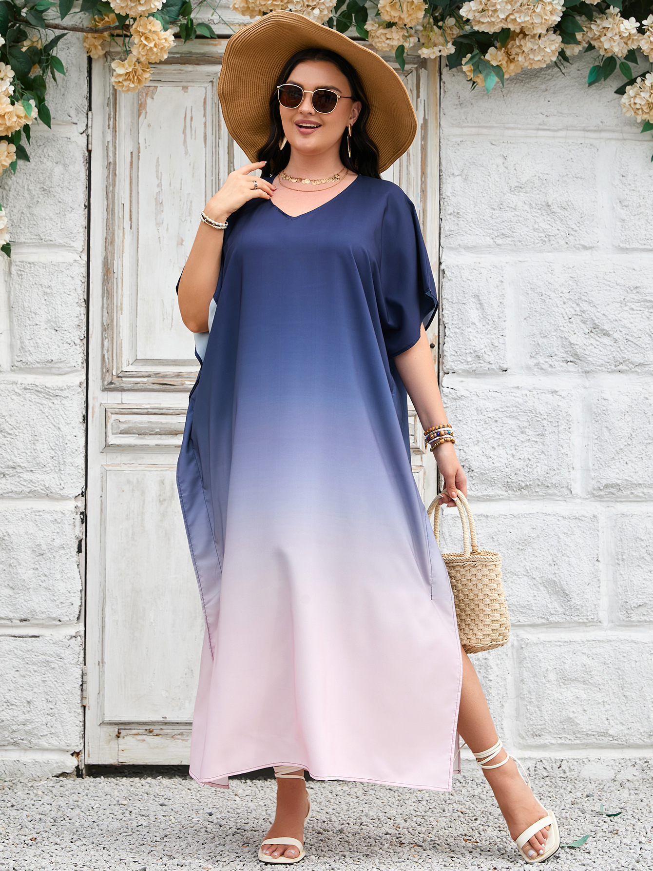 Vestido de playa de talla grande con estampado degradado europeo y americano, pareo de playa, protección solar, bata de playa