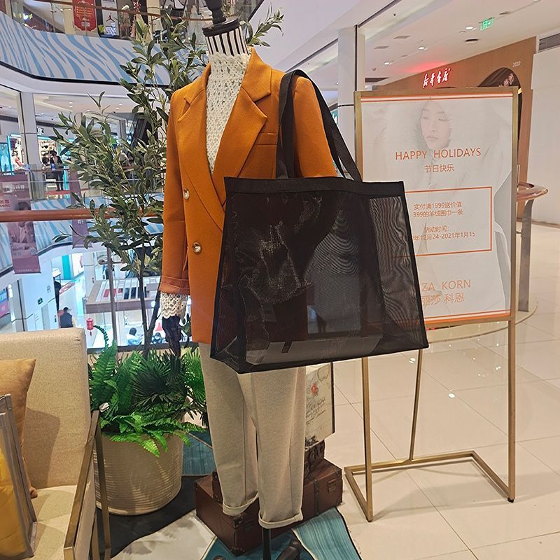 Black Mesh Large-Capacity Single-Shoulder Nylon Handbag, Fashionable Mesh Shopping Bag, Beach Travel Bag, Customized Logo Black Mesh Large-Capacity Single-Shoulder Nylon Handbag, Fashionable Mesh Shopping Bag, Beach Travel Bag, Customized Logo
