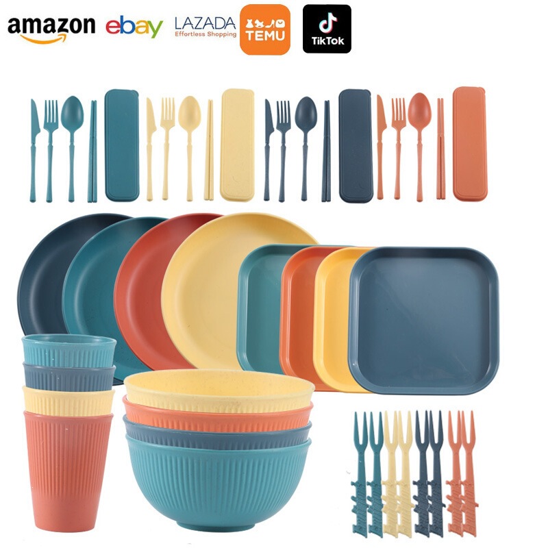 Cross-Border Wheat Straw Tableware Set with Vertical Stripe Plates, Salad Bowls, Cups, Saucers, Knives, Forks, Spoons, Chopsticks, Portable Outdoor Tableware Set