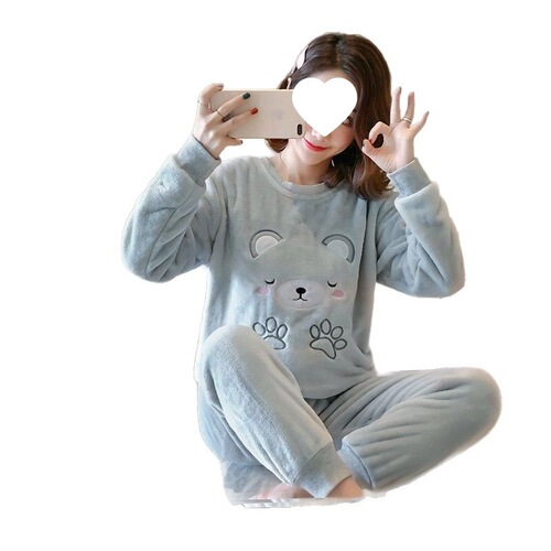 Winter Fall Thick Sleepwear Set for Women with Long Sleeves, Cartoon Student Coral Fleece, Cute Korean Style Homecoming Suit