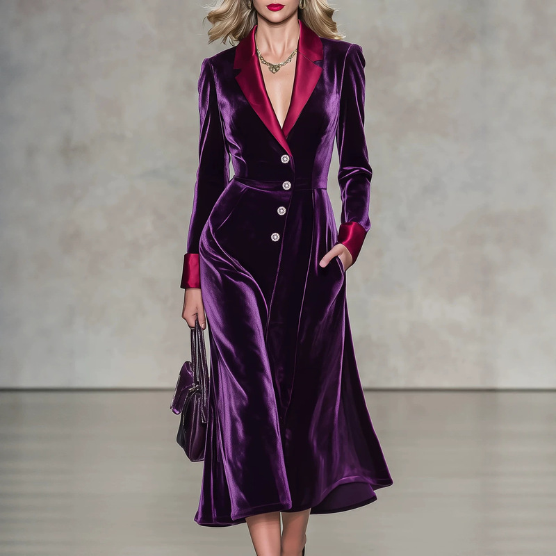 European and American style velvet dress with suit collar for women, featuring contrasting satin lapel, diamond-embellished buttons, waist-cinching, mid-length, elegant formal dress European and American style velvet dress with suit collar for women, featuring contrasting satin lapel, diamond-embellished buttons, waist-cinching, mid-length, elegant formal dress