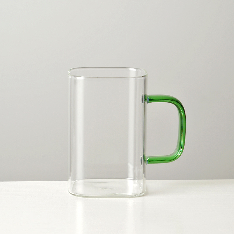 Taza de agua de boca cuadrada al por mayor, taza de vidrio cuadrada de borosilicato, taza de leche doméstica, taza de café con asa, taza de jugo simple