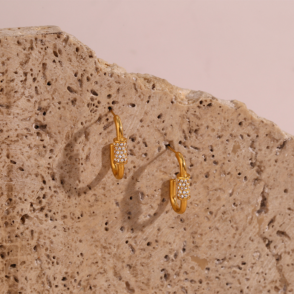 Fashion C Shape Stainless Steel Gold Plated Zircon Earrings 1 Pair