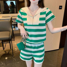 时尚休闲套装女2025夏季新款洋气条纹海军领短袖T恤短裤子两件套