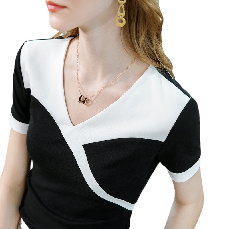 Camiseta de manga corta para mujer verano 2023 nueva Camiseta de algodón de costura de color de contraste de moda para mujer temperamento con cuello en V elegante cintura superior