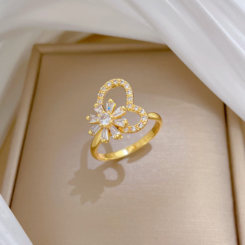 Rotating Flower Zircon Ring Personalized Adjustable Couple Ring_voghion.com