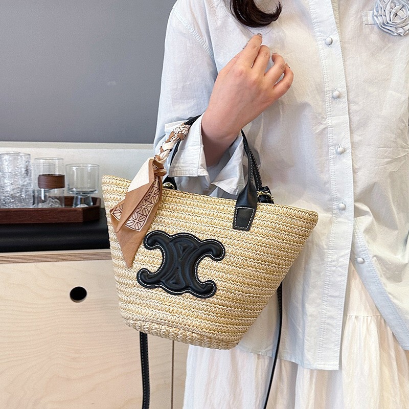 Cross-border vintage straw bag, beach vacation bag, hand-held basket bag, commuter bag, large-capacity tote bag with silk scarf