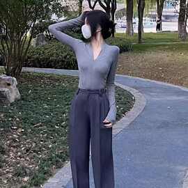 F1431A 高级感V领打底衫女秋新款显瘦纯色修身内搭长袖上衣潮