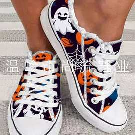 欧美外贸大码万圣节鬼头南瓜3D印花低帮系带休闲帆布鞋平底板鞋女