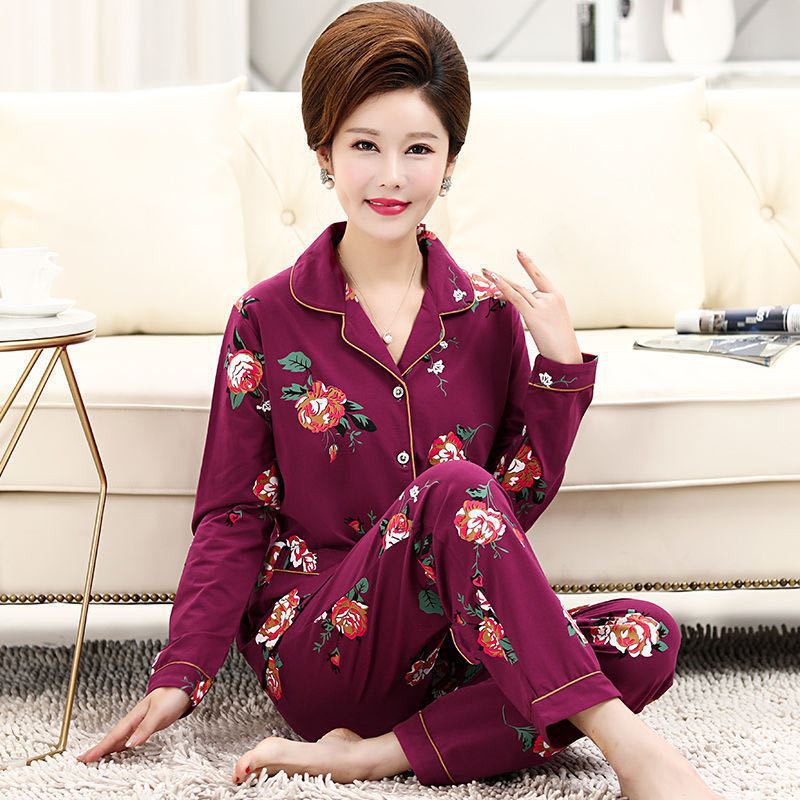 Mamá de mediana edad de manga larga pijamas de mujer 100% algodón de primavera y otoño de las mujeres mayores más el tamaño de otoño e invierno traje de desgaste para el hogar