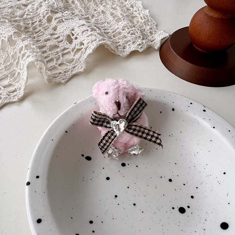 Ours et petit lapin ~ Broche mignonne en forme de cœur avec nœud papillon et strass, version coréenne_voghion.com
