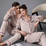 25年新款情侣纯色高级长袖长裤丝绸睡衣冰丝男士大码女士家居服
