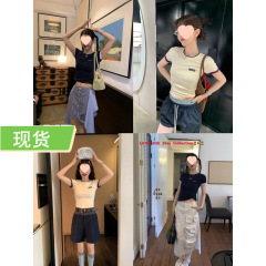 ル・ルージュ 周美美ガール ミュウレターロゴ レトロ右肩フェイクツーピース スリム半袖Tシャツ