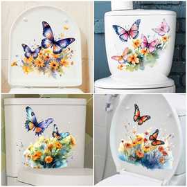 彩色蝴蝶花朵马桶贴自粘贴纸 CH跨境PVC洗手间装饰防水墙贴