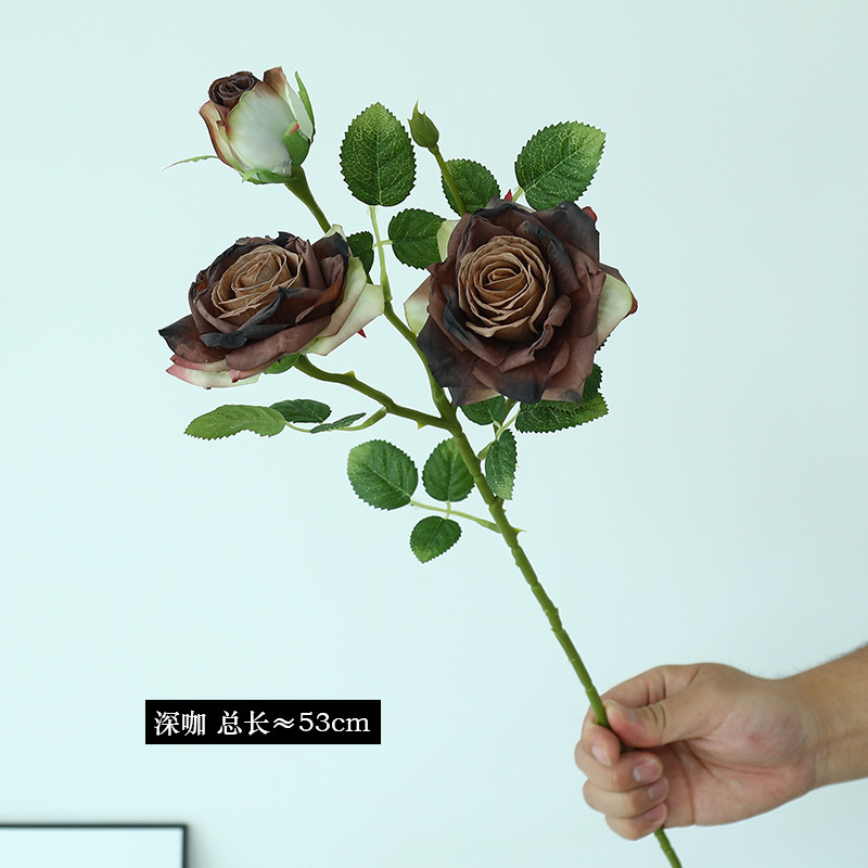 法式3头焦边玫瑰花假花复古客厅餐桌仿真花装饰摆件插花家居婚庆|undefined