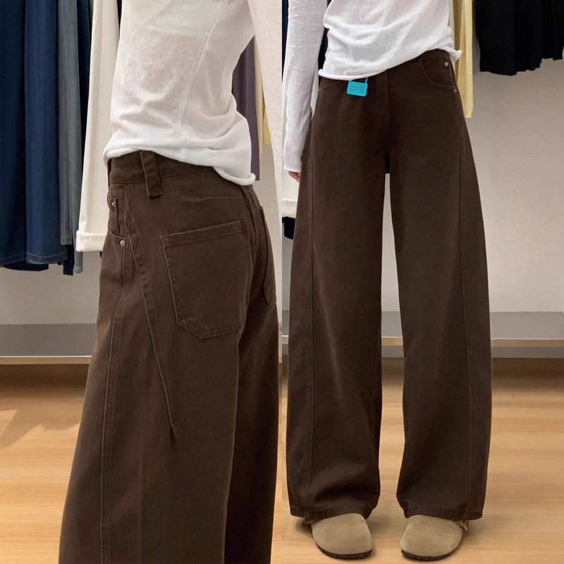 Brown Pants for Women, Scimitar Pants, Pear-Shaped Body, Hip-Covering Straight Jeans, Large Size Fat Mm, Slimming Look Wide-Leg Pants