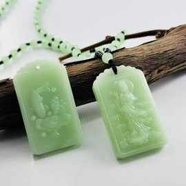 直播仿碧玉柳枝站立观音吊坠男女款双面玉牌连年年有余毛衣链挂件
