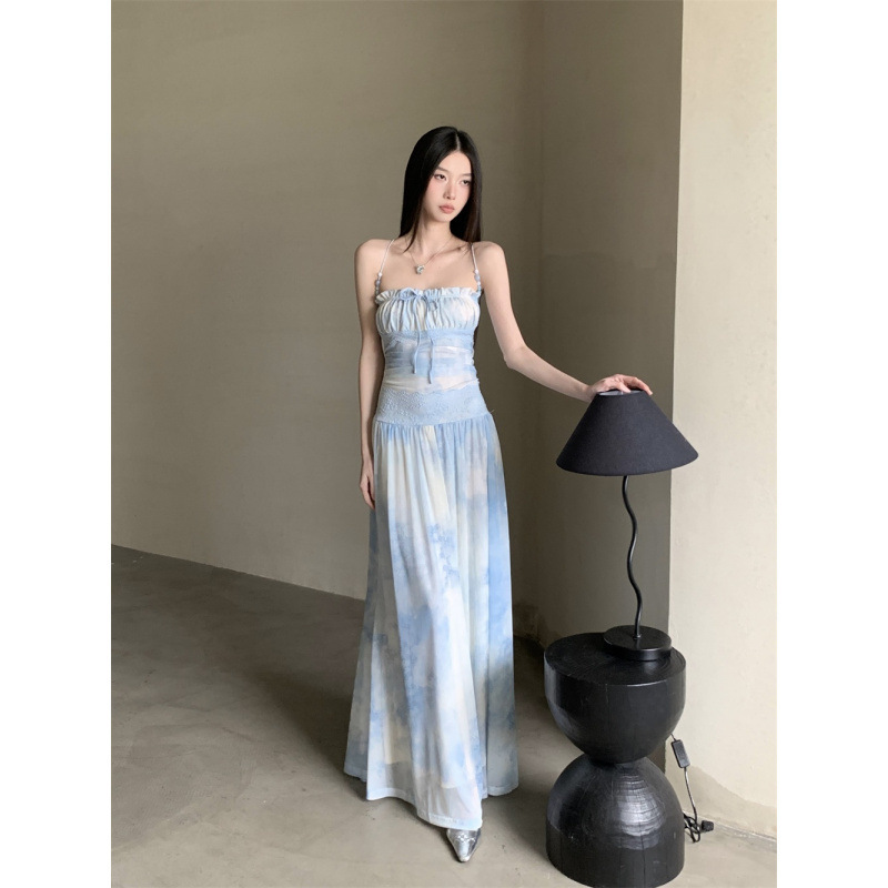 蓝调莫奈串珠设计清新吊带连衣裙|undefined