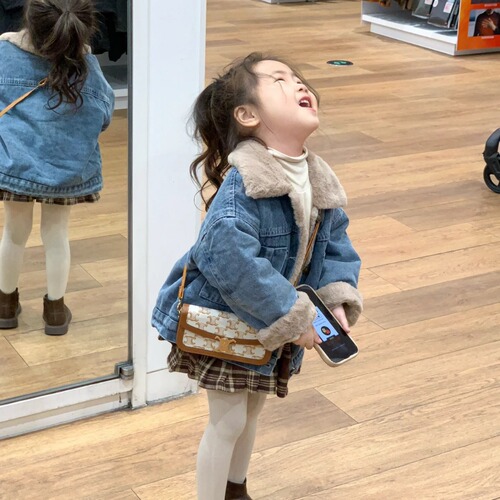 Children's fleece-lined jacket  autumn/winter clothing boys' and girls' Korean-style gray rabbit fur-lined warm and thickened denim coat