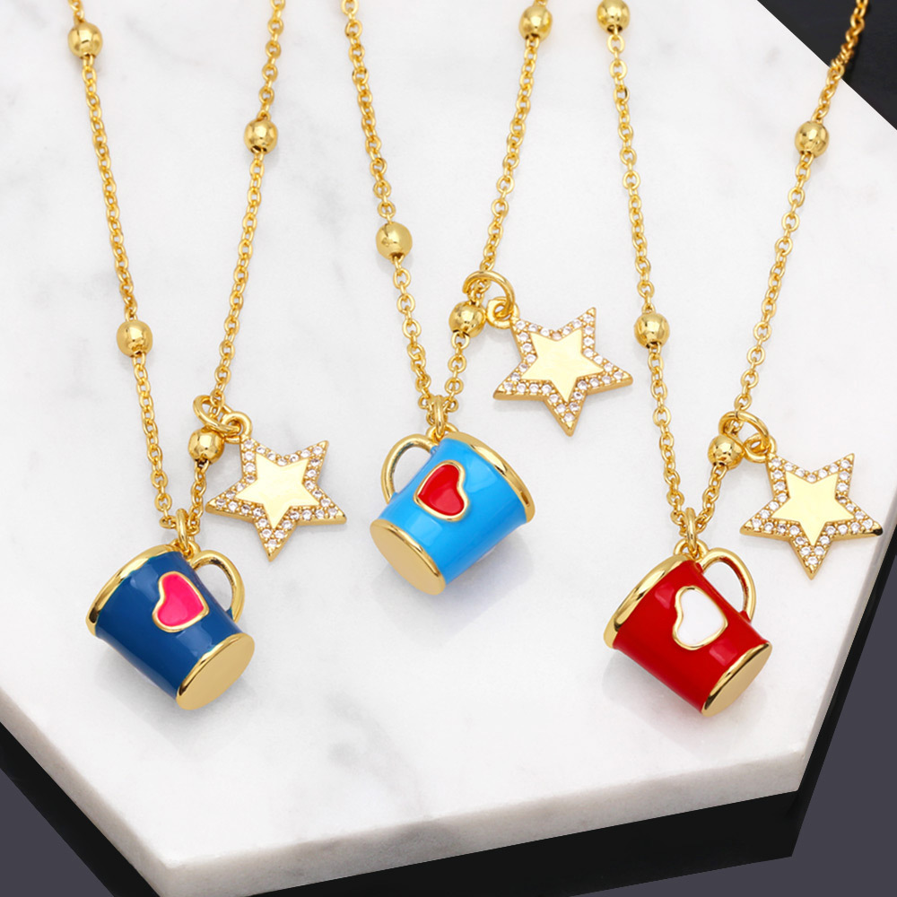 13g Weight 18K Gold Plated Plating Material Fashion Copper Xingx Cup Heart Shape Necklace Enamel Zircon Copper Necklaces