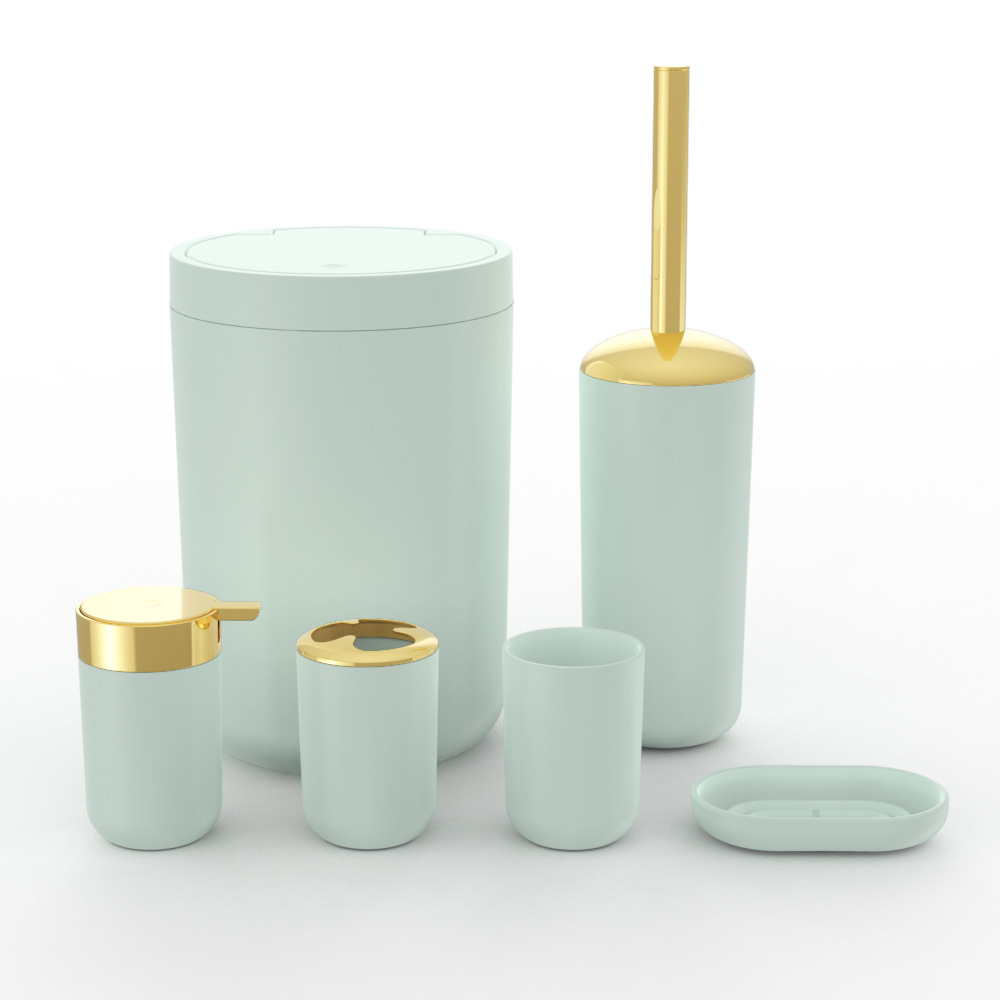 Plástico de color sólido chapado en oro seis piezas conjunto de cepillo de dientes caja de jabón cepillo de inodoro almacenamiento baño conjunto de lavado