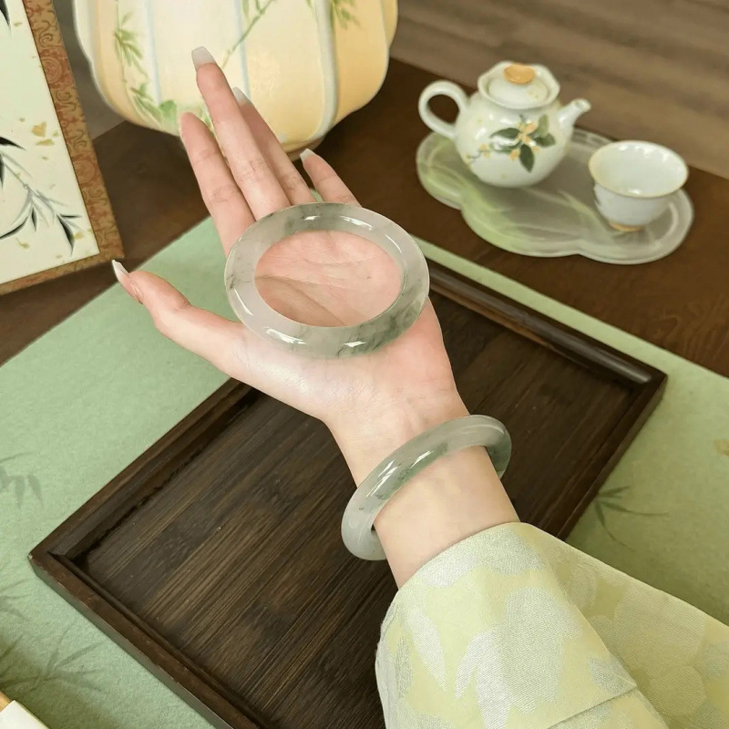 Xinjiang Tianshan Jade Bracelet Half Floating Flower Round Bar Bracelet Beauty Bracelet Ins