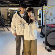 美式拼接格子卫衣女秋冬新款设计感上身好看宽松开衫连帽情侣外套