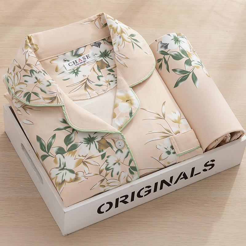 100% puro algodón pijamas de alta gama Primavera y otoño de las mujeres de manga larga de dos piezas de moda dulce Otoño e Invierno mamá ropa para el hogar