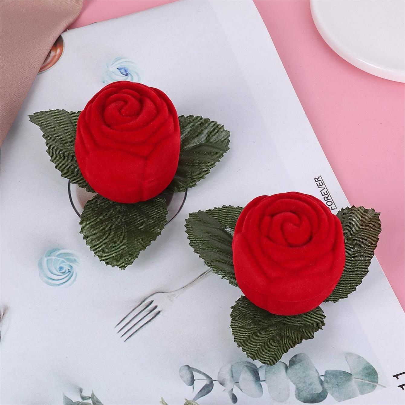 跨境热销时尚精品玫瑰花头带枝戒指盒精致耳钉绒布植绒高档礼品盒