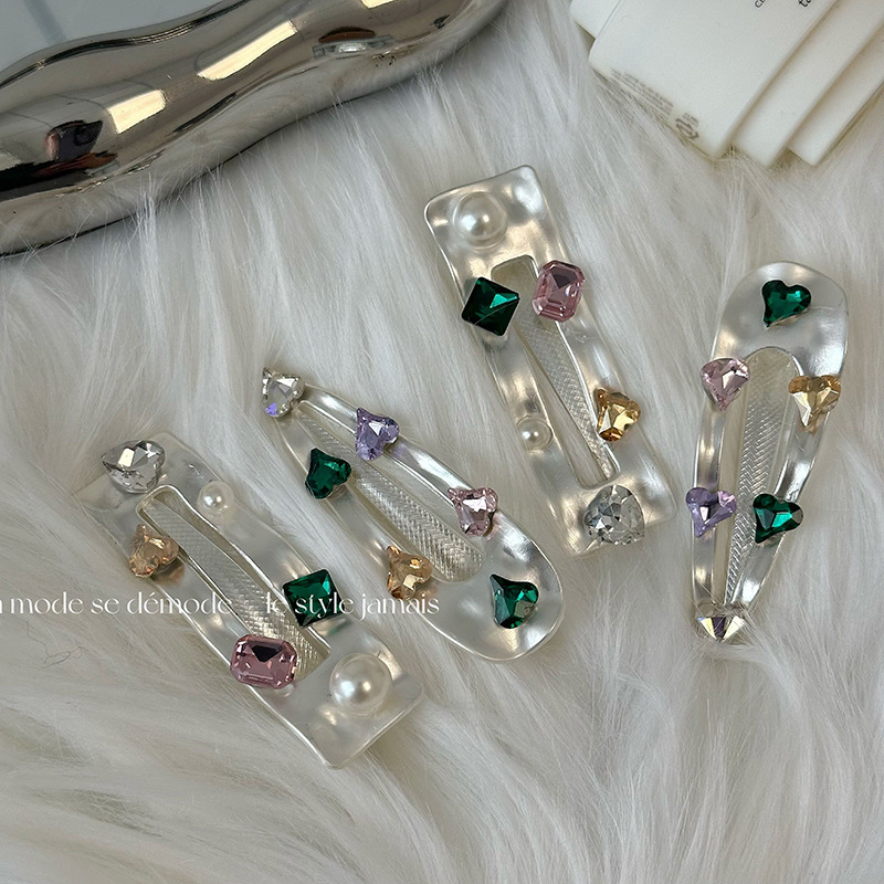 Kleurrijke edelsteen retro elegante zilveren legering Parel Strass eendenbek clip haarspeld meisje Hart zij pony clip_voghion.com