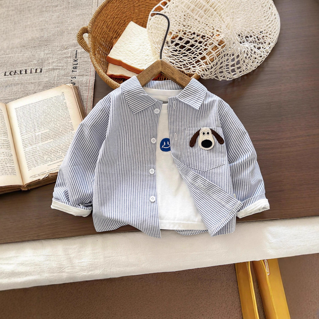 2025 Spring and Autumn Korean Style Shirts for Children and Middle-Aged Children Cartoon Animation Children's New Vertical Stripe Casual Shirts Cute Trendy Children