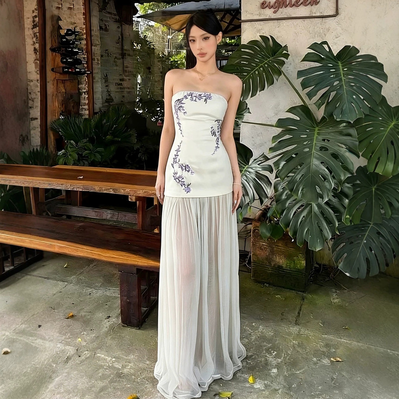 White Embroidered Dress with Sexy Mesh Patchwork, Strapless Dress for Women, Summer Slim-Fit High-Waisted Bodycon Long Dress