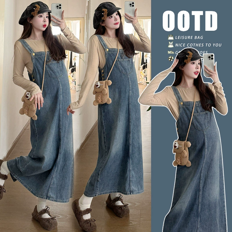 Реальная фотосессия одежда для беременных осенняя юбка-ремешка джинсовый комплект из двух частей