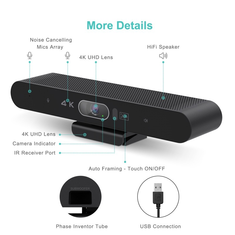 4K Ultra HD Voice Video Conference Camera with Remote Control AI Face Tracking Free Driver Computer Conference Camera