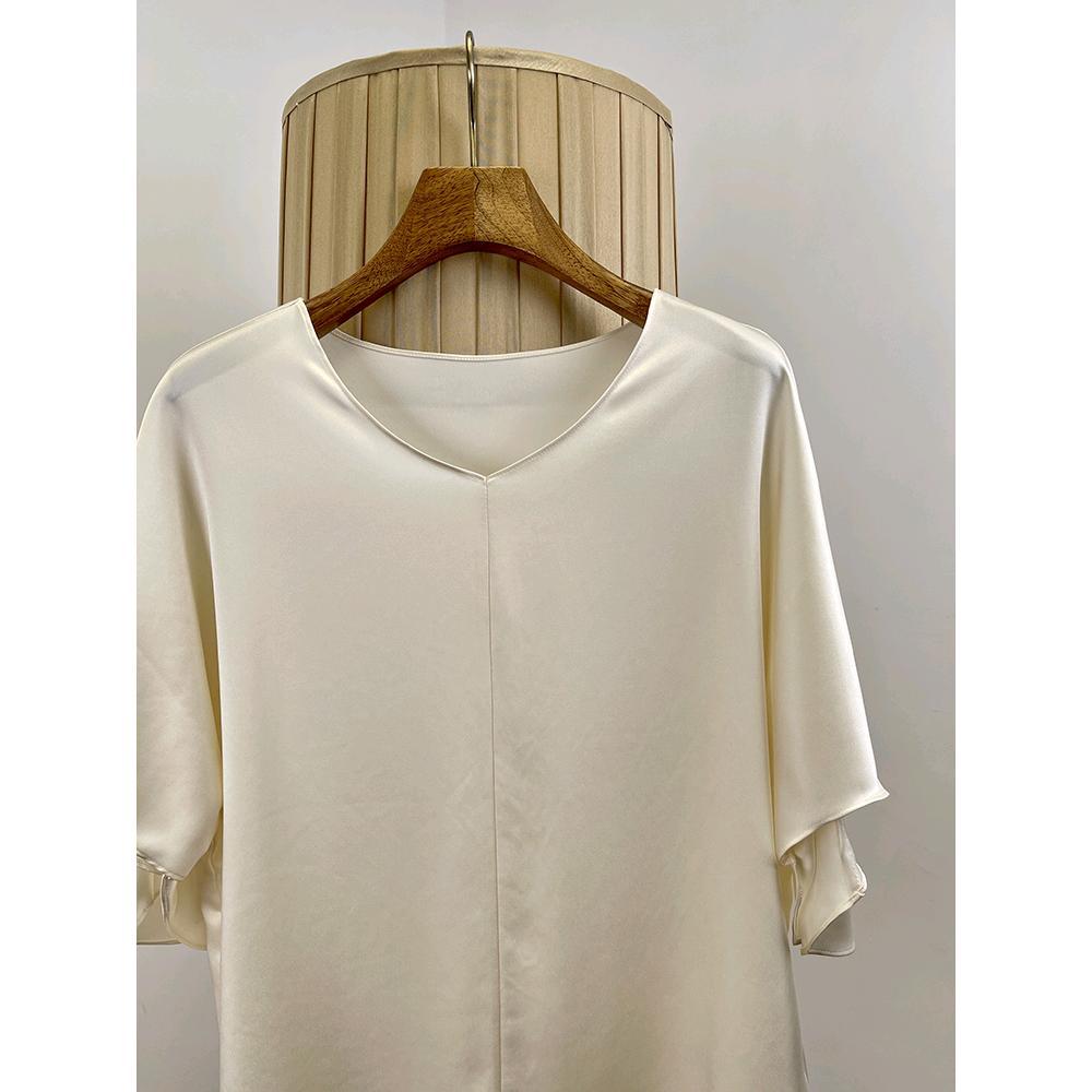 (2개) 여성을위한 기질 간단한 양면 새틴 아세테이트 V-NECK 셔츠  시원하고 편안한 올 매치 풀오버 로터스 리프 슬리브 티셔츠 탑 여름