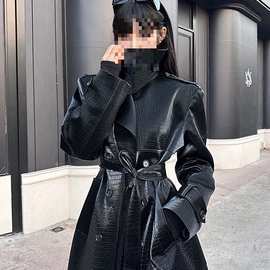 黑有染 城市猎人 黑色皮风衣女廓形气质长款大衣外套