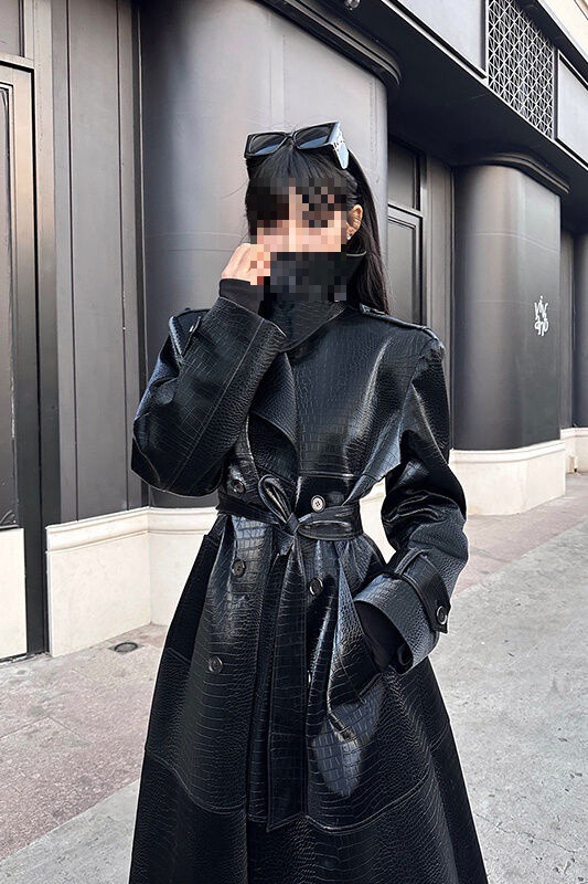 Black Dyed City Hunter Black Leather Windbreaker Women's Silhouette Elegant Long Outwear Jacket