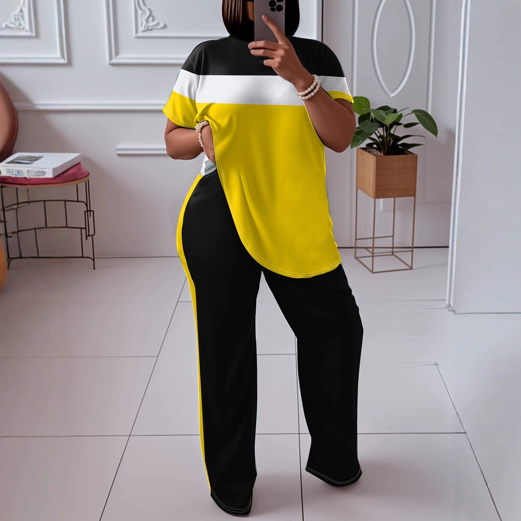 2025 новый трансграничный европейский и американский женский комплект из двух предметов больших размеров, повседневный, с цветовым сочетанием, элегантный и стильный