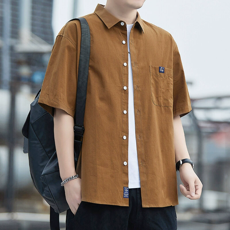 Мужская летняя новая однотонная рубашка из чистого хлопка с короткими рукавами, модная, повседневная, дышащая, тонкая, повседневная американская рубашка с половиной рукавов