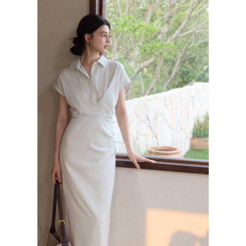 Eryang【Jingsheng】Simple Intellectual Style Striped Short-Sleeve Dress with Irregular Slit and Waist-Cinching Long Skirt