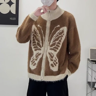 美式复古高级感蝴蝶重磅毛衣男慵懒风秋冬时髦保暖针织开衫外套潮